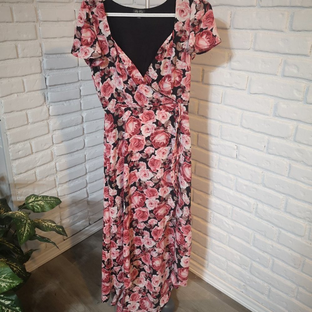 Lily Rose Ladies Size Small Faux Wrap Top Black w/ Pink & White Maxi Dress